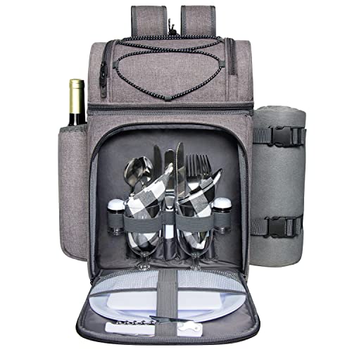 Hap Tim Picnic Basket Backpack for 2 Person with 2 Insulated Cooler Compartment, Wine Holder, Fleece Blanket, Cutlery Set, Gifts Ideals for Wedding, White Elephant, Bridal Showers, Christmas - color: Gray, size: 2 Person
