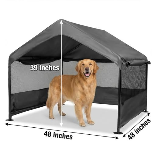 Dog Tent House Outdoor Shade 4'x4'x3' Shelter for Large Medium Pets,Outside Sun Rain Waterproof Canopy with Three-Sided Breathable Mesh Windows,Livestock House with Ground Nails,Dark Gray - color: Dark Gray with Breathable Mesh Windows