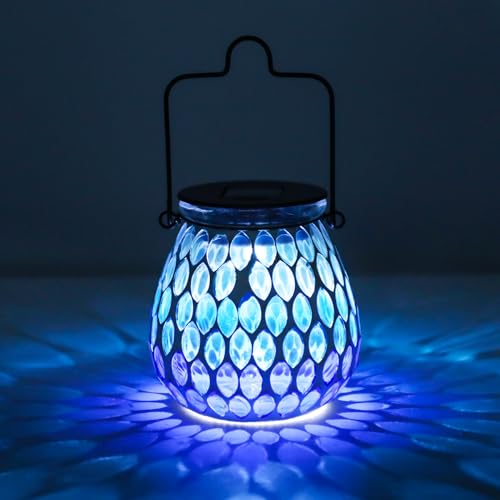 Afirst Mosaic Solar Lanterns - Glass Hanging Lights Hollow Out Waterproof Decorative for Garden, Patio, Holiday Party Outdoor Decoration, Blue-C, 5009420 - style: Ocean Blue