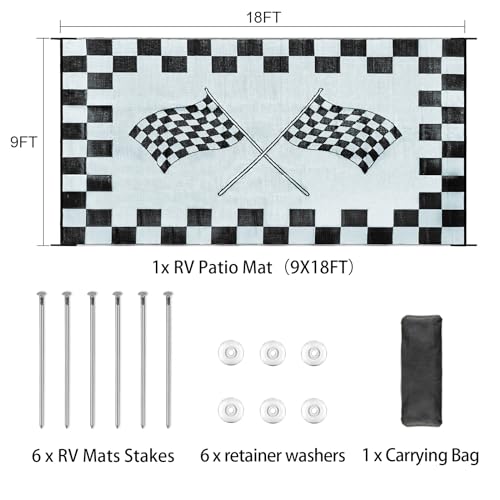 EEZ RV Products 9'x18'cf Heavy Duty Reversible/Durable Outdoor RVing/Boondocking Mats (9ft x18ft Black & White Checker Flag) Come with Large Storage Bag & 6 Sets of Stakes and Washer - color: Checker Flag, size: 9' x 18' (Rectangular)