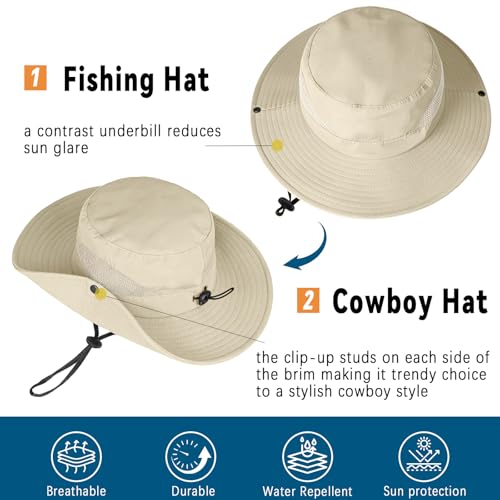 ZOORON Sun Hats for Men Women, Wide Brim Safari Hats UV Protection UPF50+ Waterproof Boonie Hats for Fishing Hiking Camping - color: 1pack-light Beige