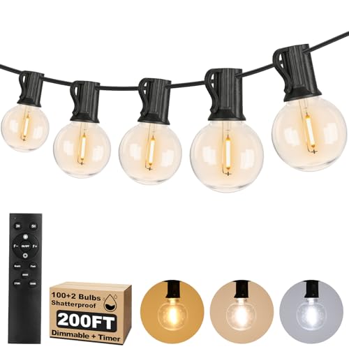 200FT LED Outdoor String Lights with 3 Color Lights, Dimmable String Lights for Outside with Remote, G40 Globe Waterproof Patio Lights with 100 Shatterproof Bulbs for Party Backyard BBQ House Camping - color: Black, size: 200FT-3CCT