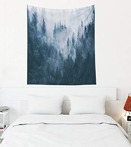 EMMTEEY Dorm Tapestry Marble,Tapestries Décor Living Room Bedroom for Home Inhouse by Printed 50x60 Inches for Foggy Mountain Landscape with fir Forest in Hipster Vintage Retro Style - color: Grey Green, size: 50"L x 60"W