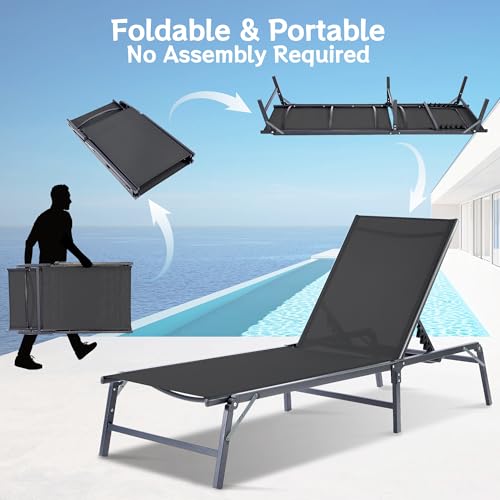Outdoor Chaise Lounge Chair Set of 2, Foldable & Assemble-Free, 6 Adjustable Positions, Durable Rust-Resistant Frame, Portable Outdoor Pool Lounge Chairs for Pool Patio Beach, Black - color: Black, size: 2-Pack（Basic）