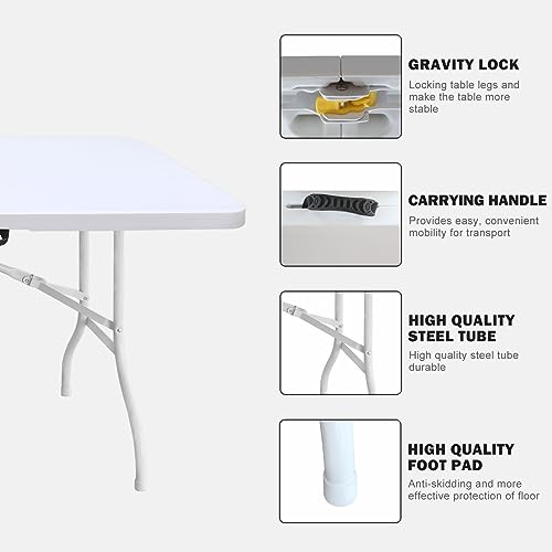 Portable Plastic Folding Table 4ft/6ft/8ft Heavy Duty White Black Picnic Dining Table Fold-in-Half for Camp Party Kitchen Indoor Outdoor - color: White, size: 8FT, style: Flat Desktop