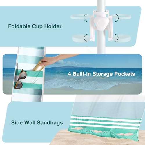 Rhino Valley Beach Cabana, 8 * 8FT Beach Tent UPF50+ Protection, Easy Setup Beach Canopy Wind Resistant with Cup Holder, Compact Beach Shade Foldable Beach Tent Sun Shelter, Green White - color: Green White