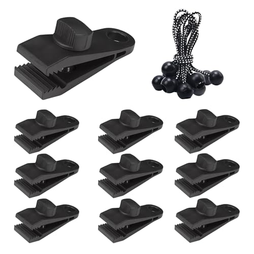 20 Pack Tarp Clips with Bungee Balls, Heavy Duty Tarp Tie Downs, Waterproof Lock Grip Tent Clips for Camping, Garden Shade Cloth, Car Cover and Awning, Black - size: 20 PCS