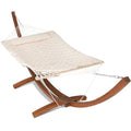 ANOW Heavy Duty Curved Wood Arc Stand with 2 Person Rope Hammock, 13.5FT Larch Wood Stand with 2 Chains, 4 Balance Ropes and 4 Carabiners, Includes Cream Hammock with Spreader Bars - color: Cream