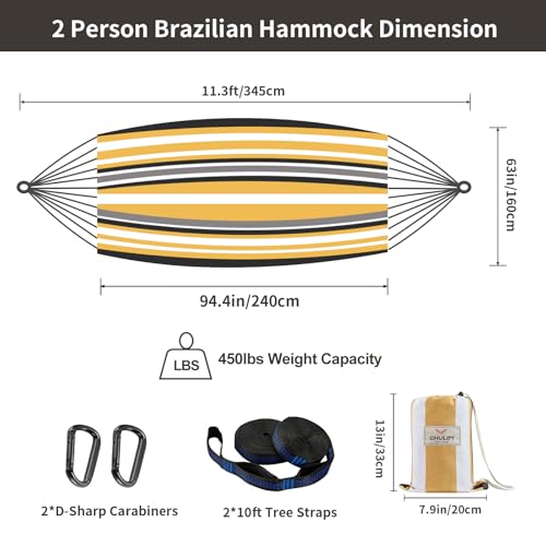 CHULIM Brazilian Double Hammock with Tree Straps,Extra Large 94x63IN,2 Persons Hammock for Backyard Patio Outdoor and Indoor,450lbs Weight Capacity,Soft Woven Cotton Fabric - Coffee Stripe - color: Coffee Stripe