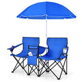 COSTWAY Double Portable Picnic Chairs, Folding Camping Chairs w/Detachable Umbrella, Cooler Bag, Cup Holders, Patio Beach Camping Chairs for Outdoors, Blue - color: Blue