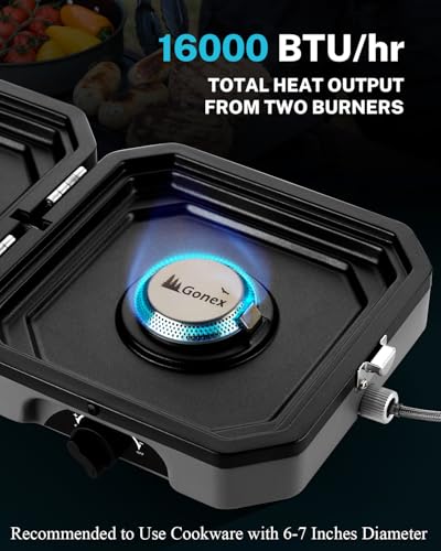 Gonex 2 Burner Propane Camping Stove with Griddle & Grates, Portable Foldable Cooking Stove with Total 16,000 BTU, Two Piezo Ignition Adjustable Burners for Camping, Patio, Emergency, Hiking (Grey) - color: Grey