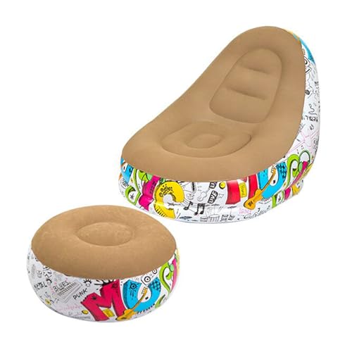 Inflatable Lounge Sofa with Foot Stool,Portable Flocking Recliner Chair Air Couch for Adult,PVC Blow Up Lounger Chair for Home Outdoor (Coffee+Graffiti(No Pump)) - color: Coffee+graffiti(no Pump)
