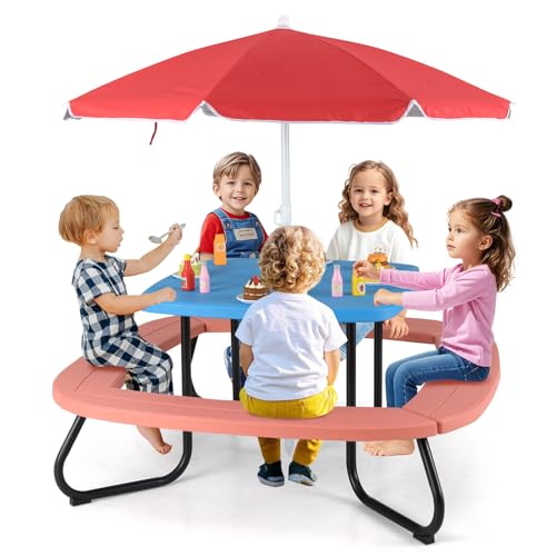 HONEY JOY Kids Picnic Table, 8 Person Toddler Outdoor Table and Chair Set, 4 Built-in Benches, Removable Umbrella, Metal Frame & HDPE Top, Children Outdoor Furniture for Backyard Patio Garden (Red) - color: Red