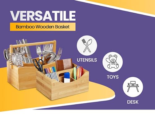 YBM HOME Bamboo Flatware Utensil Caddy with Napkin Holder and Handle, Wood Picnic Basket for Kitchen and Camping Trip, 336