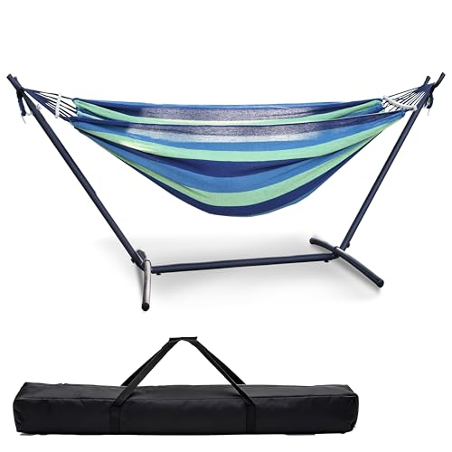 Double Hammock with Freestanding Steel Stand, Portable & Easy Setup, 550lb Capacity Heavy Duty for Patio, Garden,Backyard, Camping, Indoor & Outdoor - Includes Carry Bag (Blue Stripe) - color: Ocean Breeze