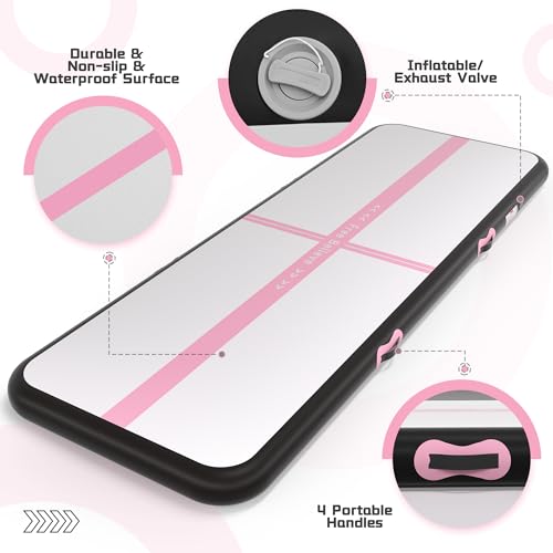 Pink Gymnastics Mat Inflatable Tumble Track Mats 10/13/16/20ft Training Mats for Home Air Mat for Kids with Pump 4”/6” Thick for Cheerleading/Yoga/Exercise/Parkour/Beach/Park/Water - color: Black Pink, size: 10ft*3.3ft*4inches(3m*1m*0.1m)