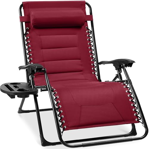 Best Choice Products Oversized Padded Zero Gravity Chair, Folding Outdoor Patio Recliner, XL Anti Gravity Lounger for Backyard w/Headrest, Cup Holder, Side Tray, Polyester Mesh - Burgundy - color: Burgundy