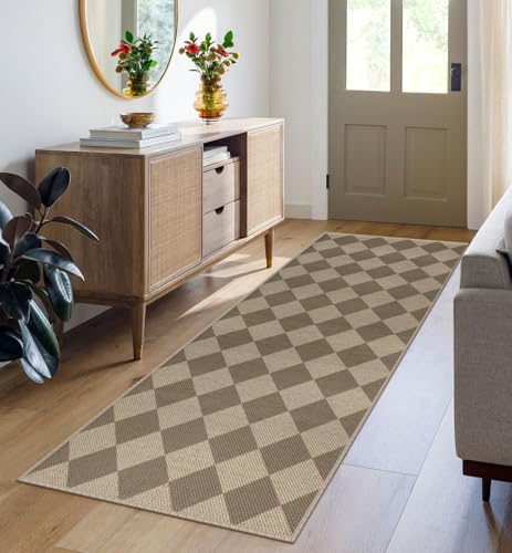 Rugalia Easy Jute Checkered Runner Rug, 2x6 Brown Modern Washable Rugs Runner for Hallway Non-Slip Long Kitchen Rug, Geometric Diamond Indoor Outdoor Carpet for Porch Laundry Entryway - color: Brown Checkered, size: 2' x 6' (Runner)
