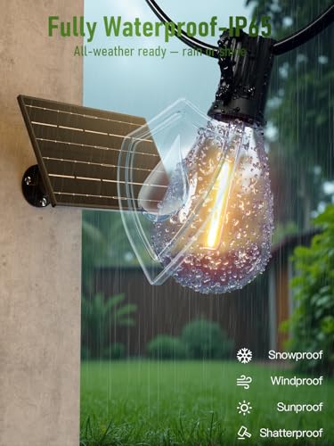 luckystyle 100FT Solar String Lights Outdoor Waterproof 2200K with Remote & USB Charging, 36+2 LED Shatterproof Bulbs, Dimmable & Timable, 3 Light Modes, Long Last for Garden,Patio, Backyard, Camping
