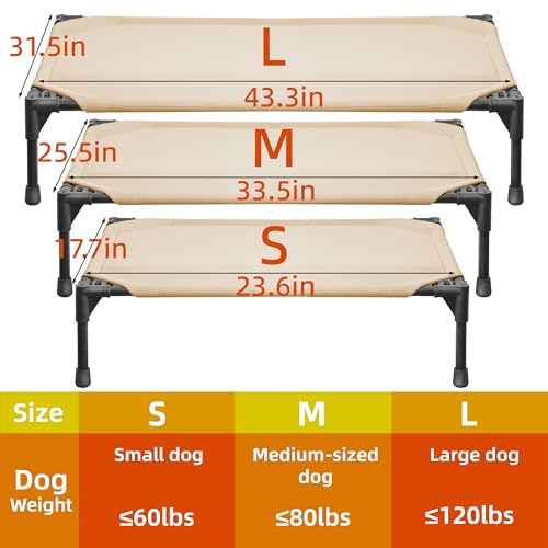 Soft Mesh Elevated Pet Bed for Large Medium Dogs Outdoor Resting Cot with Water-Resistant, Air-Permeable, Cooling and Anti-Skid Portable Dog Bed, Up to 120 lbs, 43.2" L x 31" W x 7.5" H, Beige