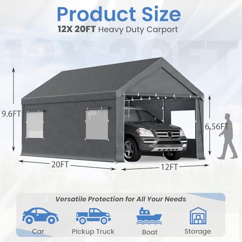 Bezseller 12x20 FT Heavy Duty Carport Canopy with Removable Sidewalls, Portable Garage Tent with Roll-Up Windows & Doors, Car Port with All-Season Tarp for Cars, Boats, Trucks, Motorcycles, Gray - color: Gray, size: 12 X 20