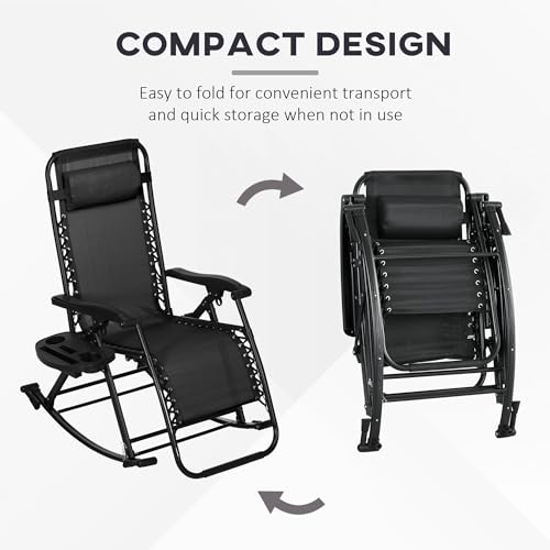 Outsunny Set of 2 Outdoor Rocking Chairs, Foldable Reclining Zero Gravity Lounge Rocker with Pillow, Cup & Phone Holder, Combo Design with Folding Legs, Black - color: Black, size: 2 Packs