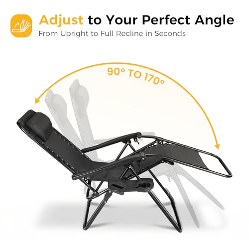 NEWBULIG Zero Gravity Chair Set of 2, Lounge Chair Folding Portable Adjustable Camping Reclining Chairs with Adjustable Pollow, Mesh Back, Cup Holder Trays Lawn Patio Chair for Pool Beach - Black - color: Modern Black, size: 2 Pack