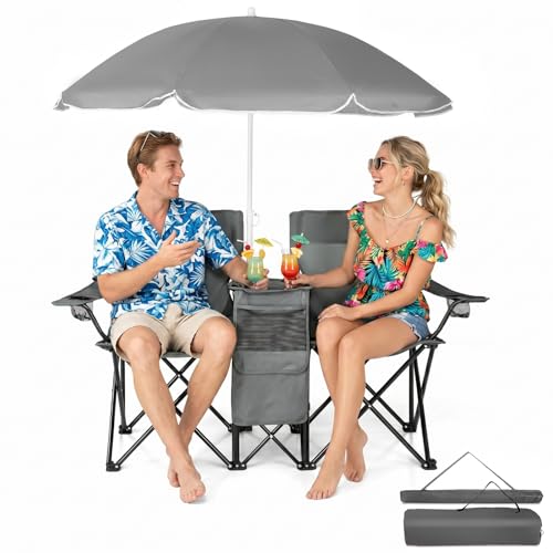 Outvita Folding Double Camping Chair w/Umbrella Beverage Holder Carrying Bag Cooler Fold Up Table, Large Bearing Capacity for Beach Patio Pool Park Outdoor Gray - color: Grey