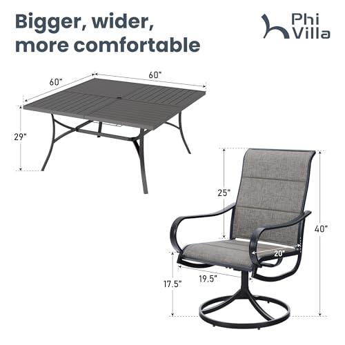 PHI VILLA 9 Pcs Patio Dining Set with Large Square Metal Dining Table & 8 Outdoor Padded Textilene Fabric Swivel Dining Chairs, Outside Table Chair Furniture Dining Set for 8 Person - color: Brown Padded Fabric, size: 60"L x 60"W x 29"H-Metal-9 Piece