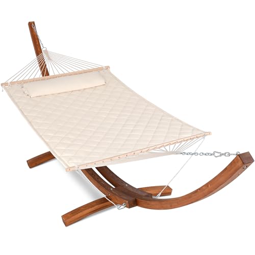 ANOW Heavy Duty Curved Wood Arc Stand with 2 Person Hammock, 13.5FT Larch Wood Stand with 2 Chains, 4 Balance Ropes and 4 Carabiners, Includes Cream Hammock with Spreader Bars - color: Cream-quilted