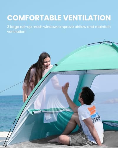 OutdoorMaster Beach Tent for 3/4/6/8 Person - Easy Setup Sun Shade Shelter, Portable Beach Shade Sun Canopy with UPF 50+ UV Protection, Removable Skylight Family Size - color: Green, size: 4 Person