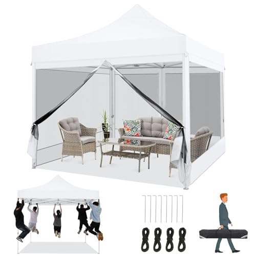 COBIZI 10x10 Heavy Duty Pop Up Canopy Tent with 4 Sidewalls, Commercial Gazebo Party Tent with Mosquito Netting Wall Easy Set Up Outdoor Instant Screen Canopy for Backyard, Patio, Garden, White - color: White, size: 10x10