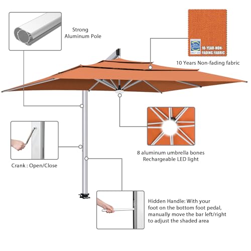EliteShade USA Atlas 3-Tier 10x13FT Full Aluminum Cantilever Patio Umbrella for Outdoor Restaurant Garden Courtyard Deck Pool and Marketing with Light (No battery), Rust - color: Rust, style: 10×13FT Atlas