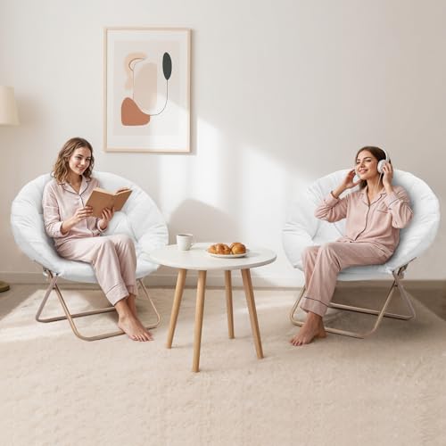 MoNiBloom Round Folding Faux Fur Saucer Chair for Bedroom Living Room Dorm Foldable Metal Frame Oversized Large Comfy Furry Padded Soft Lounge Lazy Cozy Moon Chair for Adults (White, 2 Pieces) - color: White