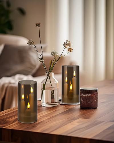 Enido 2 Pc Flameless LED 3-in-1 Taper Candles with Remote & Timer, Battery Operated Acrylic Pillar Set, 3" x 6" Flickering Electric Lights for Cozy Home & Holiday Romantic Decor (Gray) - color: Taupe