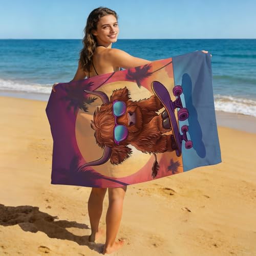 Highland Cow Beach Towel, Cute Brown Highland Cow with Sunglass Skateboarding Towels, Sunset Palm Tree Absorbent Sand-Free Bath Towels for Swimming Surfing Travel, Oversized 32x52 - color: Highland Cow