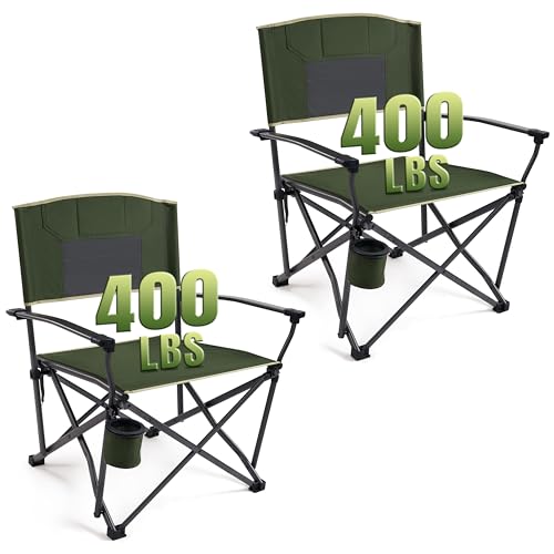 DMH OUTDOORS 2 Pack Oversized Camping Chairs for Adults Heavy Duty 400 LBS, Folding Camp Chair with Hard Metal Armrests & Swivel Cup Holder, Portable Lawn Chair for Outdoor, RV, Tailgating, Green - color: Green-2 Pack