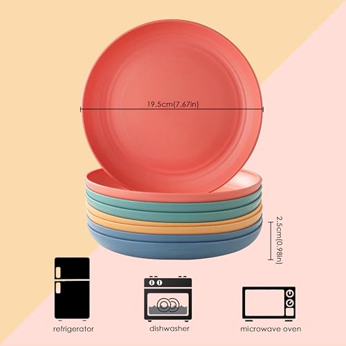 8 PCS Wheat Straw Plates, Kaloo 7.7 Inch Melamine Reusable Plastic Unbreakable Dinner Plates for kitchen, Dishwasher & Microwave Safe (4 colors)