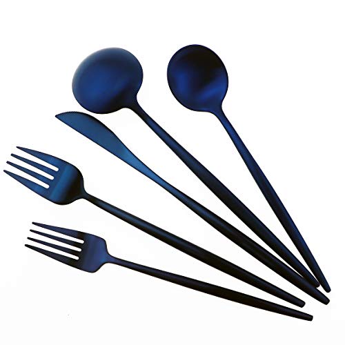 Matte Blue Gugrida 5-Piece 18/10 Stainless Steel Silverware Set, Satin Finish Flatware, Kitchen Utensils, Tableware Travel Cutlery for Camping, Office or School Lunch, Dishwasher Safe - color: Blue, size: Service for 1