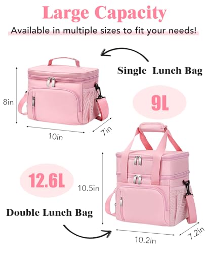 Insulated Lunch Bag for Women, Double Leakproof Lunch Box Soft Cooler Tote with 5 Pockets, 600D Oxford, EVA Lining, Adjustable Strap for Work, Picnic, Beach&Travel-Pink - color: Pink, size: Double