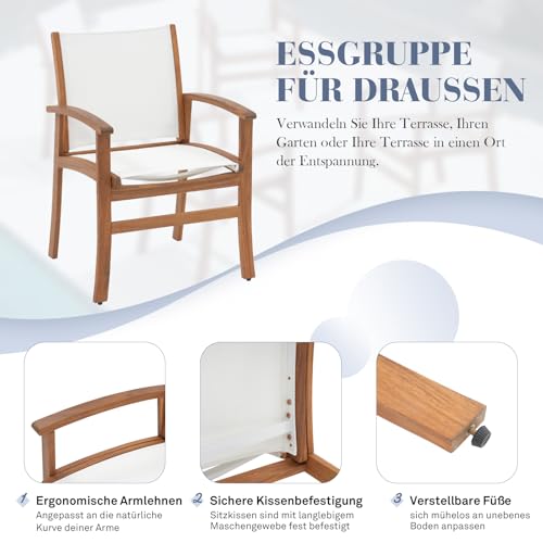 OC Orange-Casual Patio Furniture Set, Acacia Wood Patio Dining Set for 6-8, Outdoor Expandable Table and Chairs Set with Umbrella Hole and Breathable Textilene Fabric for Garden (White, 5 Pieces) - color: White, size: 5 Pieces