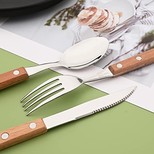 Silver Flatware Set with Natural Wood Handle, 24 PCS Silverware Set for 6, Premium 18/8 (304) Stainless Steel Cutlery Set, Forks Spoons and Knives Set for Home/Camping/Travel, Mirror Finish - size: 24-Piece for 6