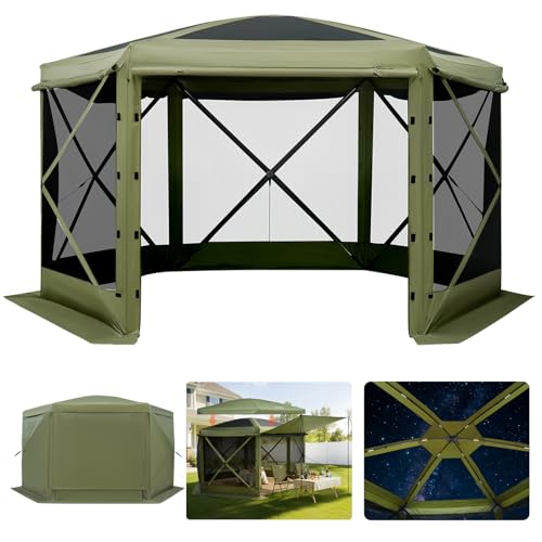 VEVOR Pop up Gazebo Screen Tent, 12 x 12 ft Large 6-Sided Camping Canopy Tent with Removable Top & Carry Bag, Quick-Set & Bite-Proof, Screen House Sun Shelter for 8-10 Persons Backyard Patio, Green - color: Army Green, size: 12x12ft