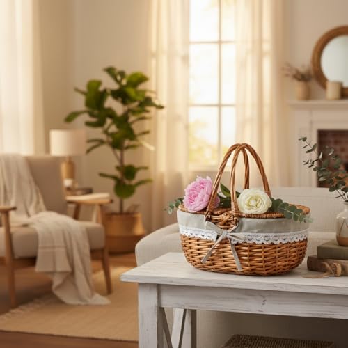Wicker Picnic Basket with Lid and Handle Sturdy Woven Body with Washable Lining,Little Flowers - color: Little Flowers