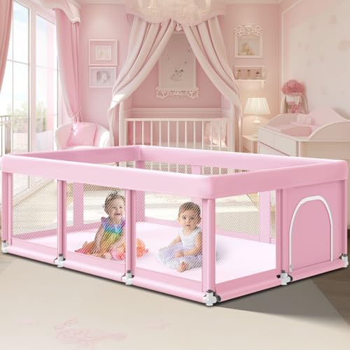 Fshibila 74" ×50" Large Baby Playpen, Baby Playard for Babies and Toddlers, Play Pens for Indoor & Outdoor, Sturdy Safety Play Yard with Soft Breathable Mesh, Anti-Fall, Pink - color: Pink, size: 74 x 50 IN