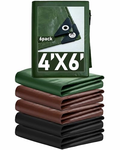 SmoothNovelty 6 Pcs Large Waterproof Tarp 4 x 6 ft Heavy Duty 5.5 Mil Thick Poly Tarpaulin with Grommets Multipurpose Protective Cover for Summer Home Boats Cars Camping Rv Pool Tent - color: Green,brown,black, size: 4 x 6 ft