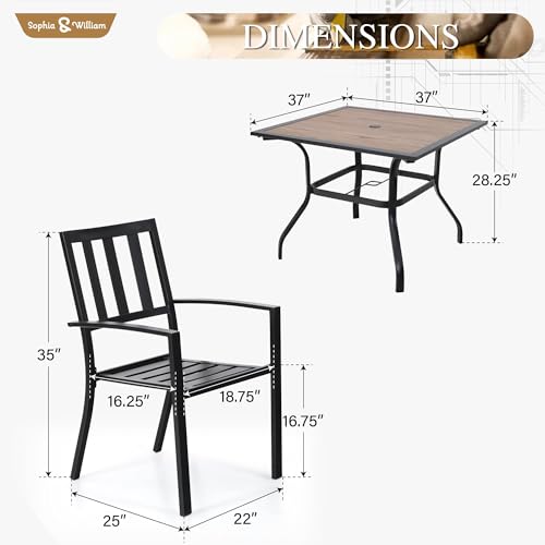 Sophia & William Patio Table and Chairs Set, Outdoor Dining Set for 4, 5 Piece Metal Patio Furniture, 37" Square Table with Wood-Like Tabletop(Stripe) - color: Stripe, size: 37" - Wood-like