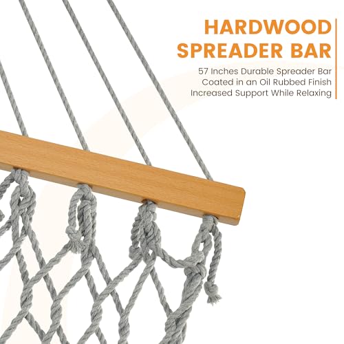 Lazy Daze Hammocks 12FT Double Rope Hammocks, 2 Person Hand Woven Cotton Hammock with Spreader Bar, Carabiner, Tree Strap, Chain for Outside, FIT 13-15 FT Stand, Max 450 Lbs, Light Grey - color: Light Grey