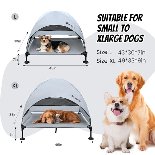 KINGROCK Elevated Dog Bed with Removable Canopy Portable Outdoor Pet Cot Waterproof 600D Oxford Fabric Anti Slip Feet for Large Dogs Camping Beach Indoor and Outdoor Use - color: Grey, size: 42.5"L x 30"W x 33"Th