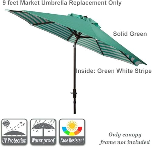 9ft Market Patio Umbrella Canopy - 8 Ribs Canopy Replacement - UV Protective UPF 50+ and Fade Resistant Patio Canopy - Wind Vent Replacement Canopy Cover (Canopy Only) (Purple) - color: Green/Green White Stripe